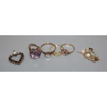 Three 9ct gold and gem set rings, a yellow metal ring, a 9ct gold pendant, pair of 9ct ear studs,