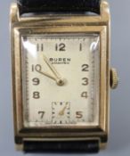 A gentleman's early 1950's 9ct gold Buren Grand Prix manual wind wrist watch, with rectangular