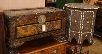 A small camphorwood trunk and an octagonal Moorish table Trunk W.70cm