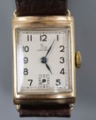 A gentleman's 1930's 9ct gold Record manual wind wrist watch, with rectangular Arabic dial and