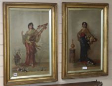 J.S. Hill, pair of oils on board, Italian flower girl and Lyre player, one signed and dated 1903, 62