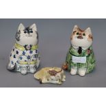 Two Rye pottery cats by Joan de Bethel and a Studio pottery calf tallest 18cm