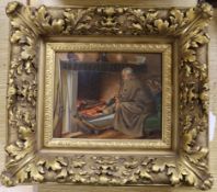 19th century English School, oil on panel, Huntsman at a fireplace