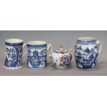 Three Chinese blue and white mugs, Qianlong period and a Chinese Imari teapot and cover, early