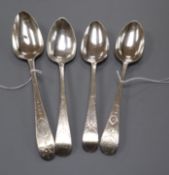 An Irish George III silver bright-cut tablespoon, John Power, Dublin 1802 and three other George III