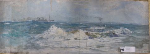 Stanley Charles Rowles (1887-1979) - oil on canvas, Warships off the coast, signed 26 x 73cm -