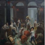 Modern British, oil on canvas, Figures inside a warehouse, 121 x 105cm