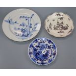 A Bristol Delft charger, a dish and a plate largest diameter 30cm