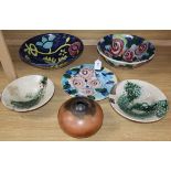 Two Donovan Art pottery bowls, a dish, two T. Smith studio pottery dishes and a vase (6)