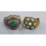 Two Chinese filligree gilt white metal hinged bangles, one set with turquoise, the other with