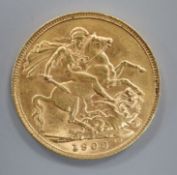 A 1909 gold full sovereign.