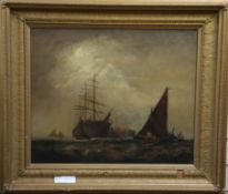 Manner of Charles Dixon, oil on canvas, Shipping off coast 50 x 60cm19.5 x 23.5in.