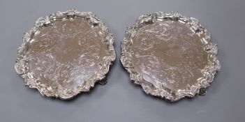 A pair of Victorian engraved silver waiters, Henry Holland, London, 1869, 20.8cm, 20 oz.