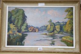 G Chabernaud, oil on board, French river landscape, signed 31 x 53cm