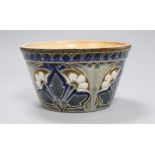 A Doulton Lambeth Aesthetic period flowerpot, by Edith D Lupton, dated 1880, with decoration to