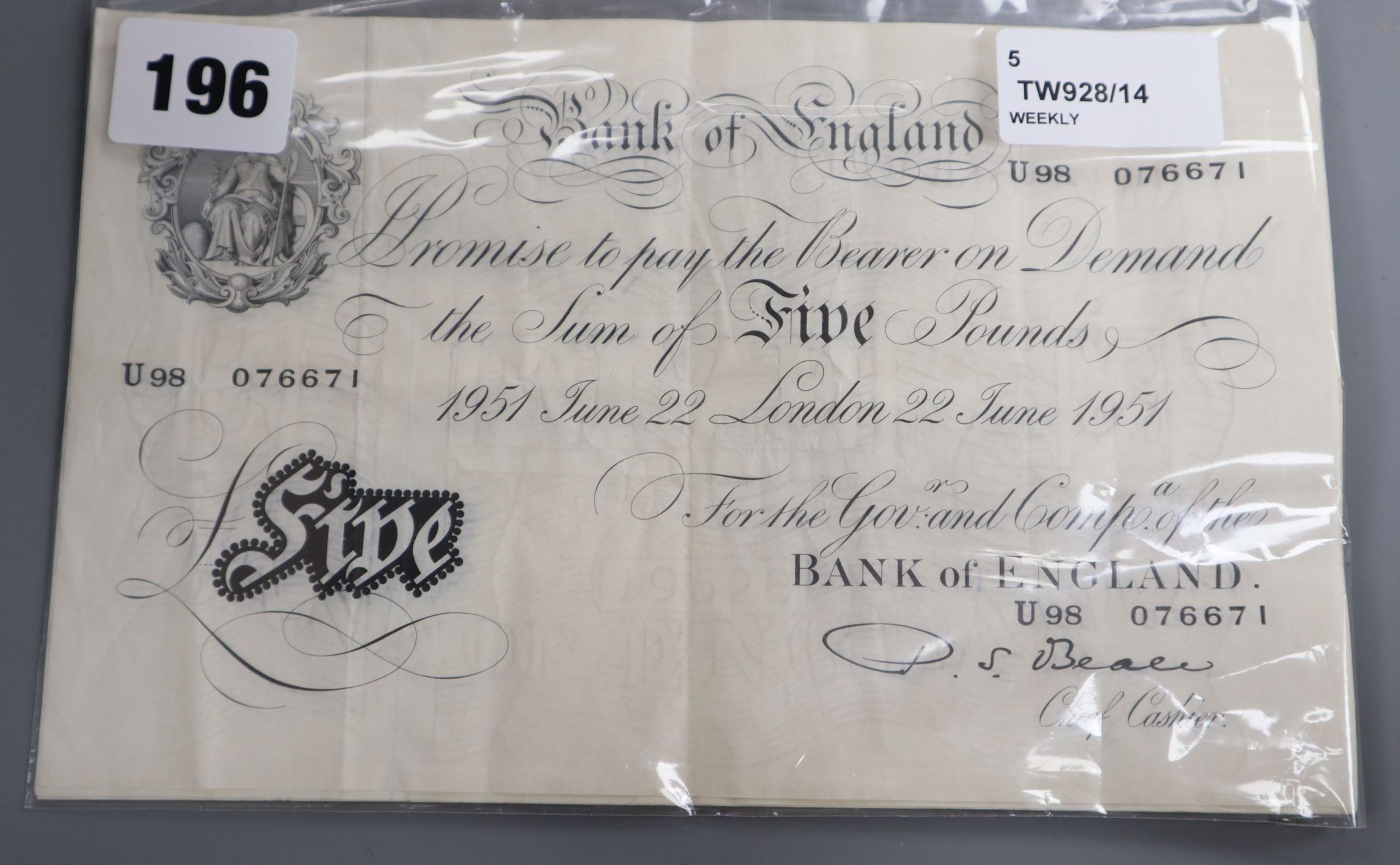Five Bank of England white five pound notes, including Beale (two 1949 and two 1951) and Peppiatt (