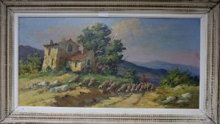 Fortune Car (1905-1970) oil on board, French Provence country scene of sheep, signed 50 x 100cm