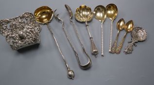 A Victorian repousse silver desk clip? and a small group of flatware including sterling, Russian