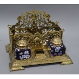 A Victorian ornate bronze inkstand height 21cm width 29cm