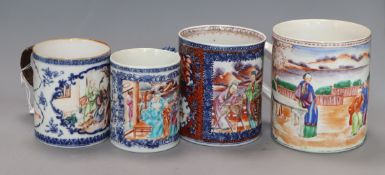 Four Chinese famille rose large mugs, Qianlong period tallest 15cm