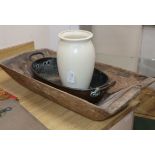 A wooden trough, a brass two handled pot and a cream glazed vase