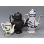 An early Worcester coffee pot, a black basalt pot and a railway related coffee pot tallest 27cm