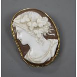 A 15ct mounted cameo brooch, carved with the bust of a lady 42mm.