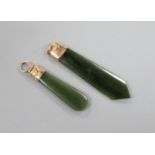 Two Edwardian 9ct mounted nephrite pendants, largest 53mm.