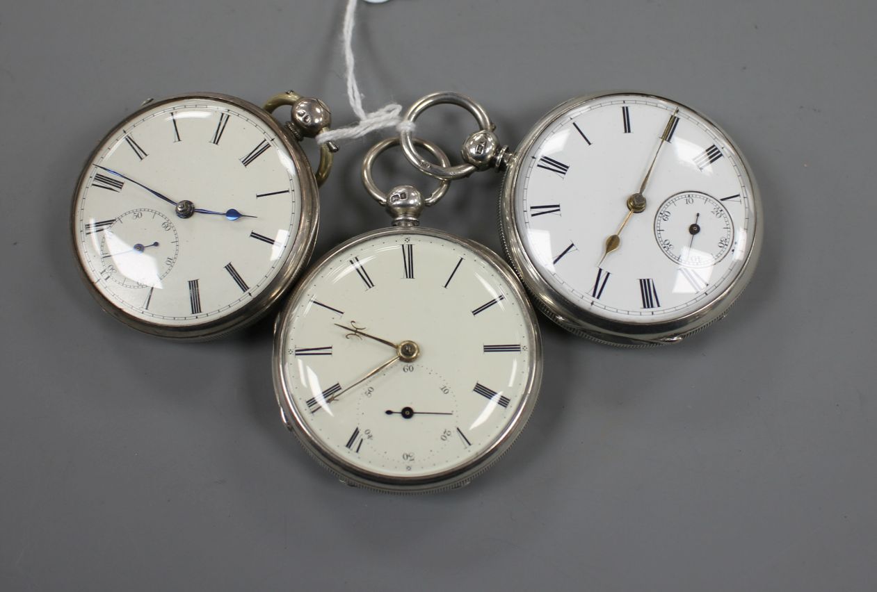 Three assorted Victorian silver open face fusee pocket watches, all with subsidiary seconds.