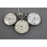 Three assorted Victorian silver open face fusee pocket watches, all with subsidiary seconds.