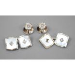 A pair of 9ct white gold, mother of pearl and diamond set cufflinks and two matching dress studs.