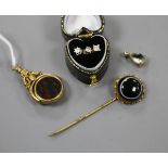 Three assorted diamond set ear studs, a pinchbeck and chalcedony fob, stick pin and a pendant(a.