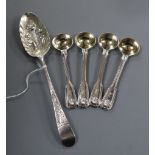 A set of four Victorian silver fiddle, shell and thread pattern salt spoons, London 1840 and a