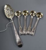 A set of four Victorian silver fiddle, shell and thread pattern salt spoons, London 1840 and a