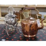 A Victorian silver plated spirit kettle and a copper kettle