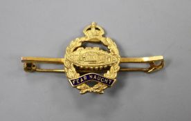 A George V 9ct and enamel Royal Tank Regiment 'Fear Naught' sweethearts brooch, 45mm.