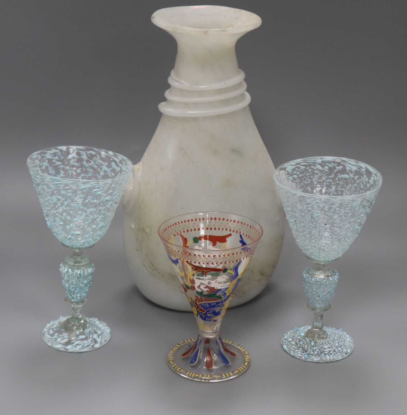 A pair of Venetian glass goblets, one other and a Roman style vase 31.5cm
