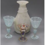 A pair of Venetian glass goblets, one other and a Roman style vase 31.5cm