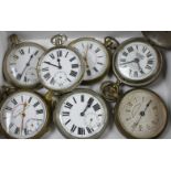 Seven assorted base metal pocket watches, including Superior Railway Timekeeper and Railway