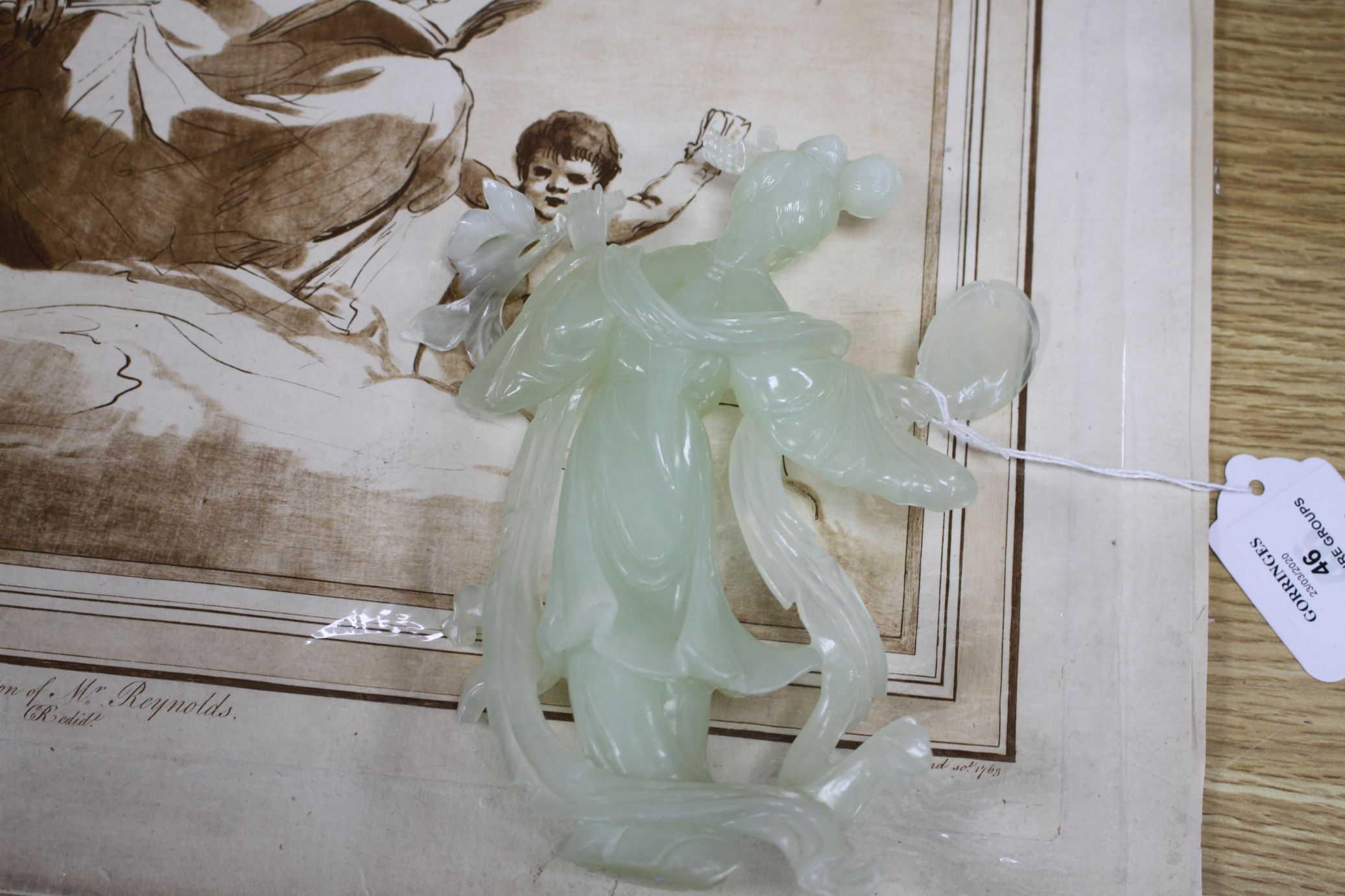 A 20th century Chinese carved bowenite jade figure of a courtesan and a similar group of a noble - Image 3 of 6