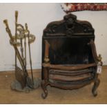 A cast iron serpentine fire grate and implements Grate W.48cm