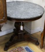 A French Empire mahogany centre table, with circular grey marble top, on hexagonal baluster stem and