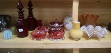 A pair of Victorian ruby glass decanters, cranberry and mixed cut glass