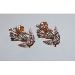 A pair of Victorian yellow metal and rose cut diamond set 'swallow' ear clips (adapted), 19mm.