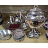 A 19th century plated hot water urn and a quantity of plated items