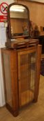 An Art Deco style walnut display cabinet and a Victorian mahogany toilet mirror Cabinet W.62cm