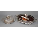 A Victorian silver butter dish, Russian spoon, silver mustard and shell inlaid oval tray, etc.