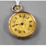 A continental 9ct. fob watch with Roman dial.