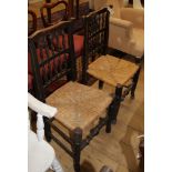 A pair of 19th century Lancashire style rush seat spindle back dining chairs