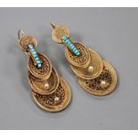 A pair of late Victorian yellow metal, turquoise and seed pearl set graduated oval disc drop